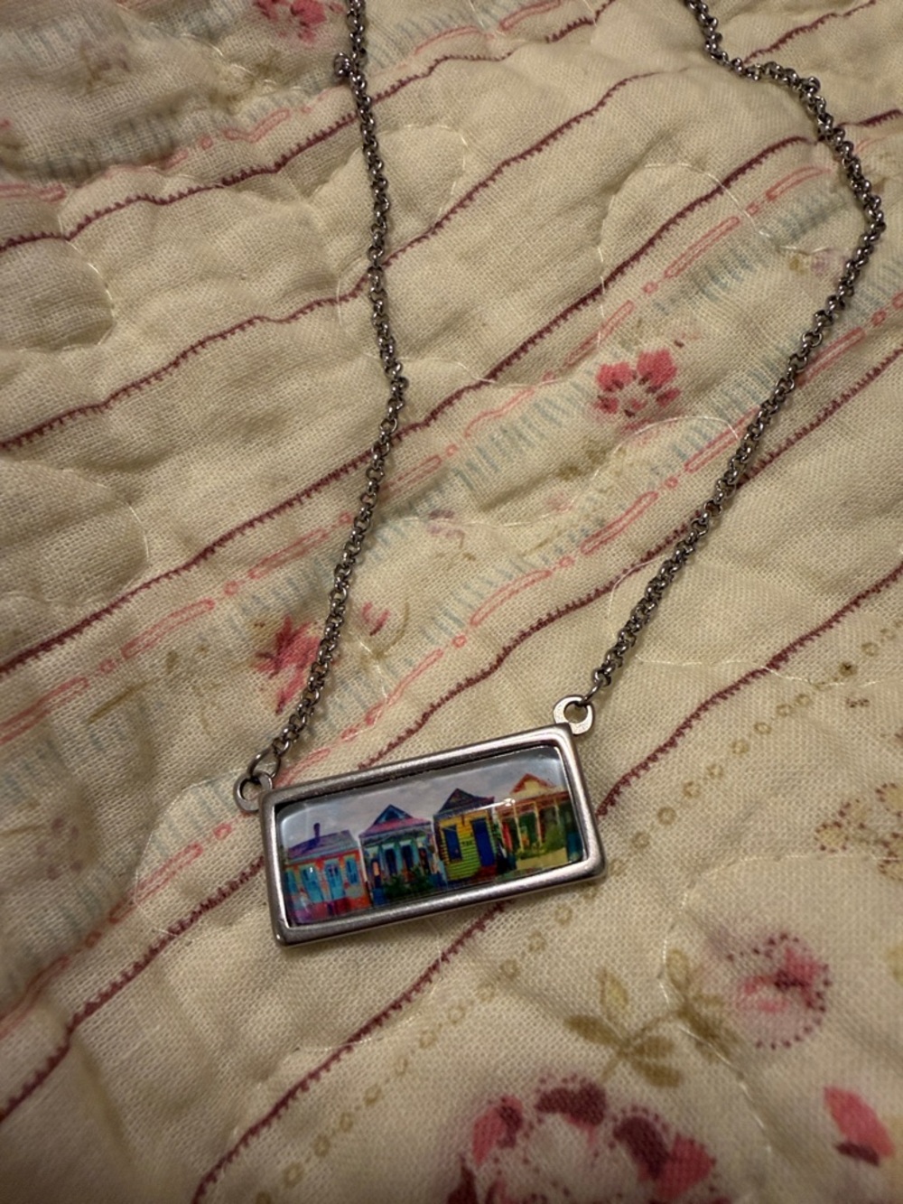 Colorful New Orleans House Rectangle Pendant Necklace - Stainless Steel Chain